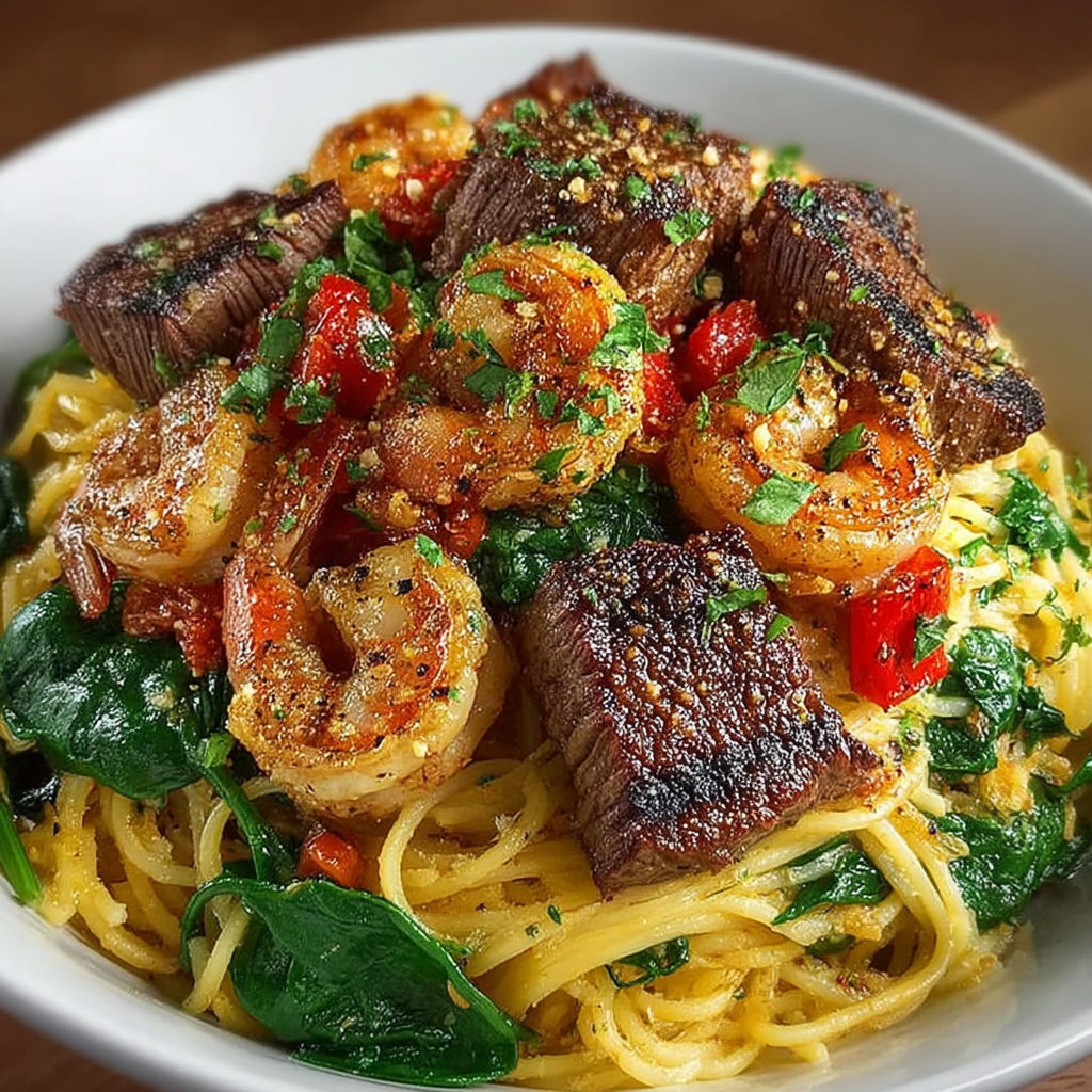 A bowl of garlic butter steak and shrimp.