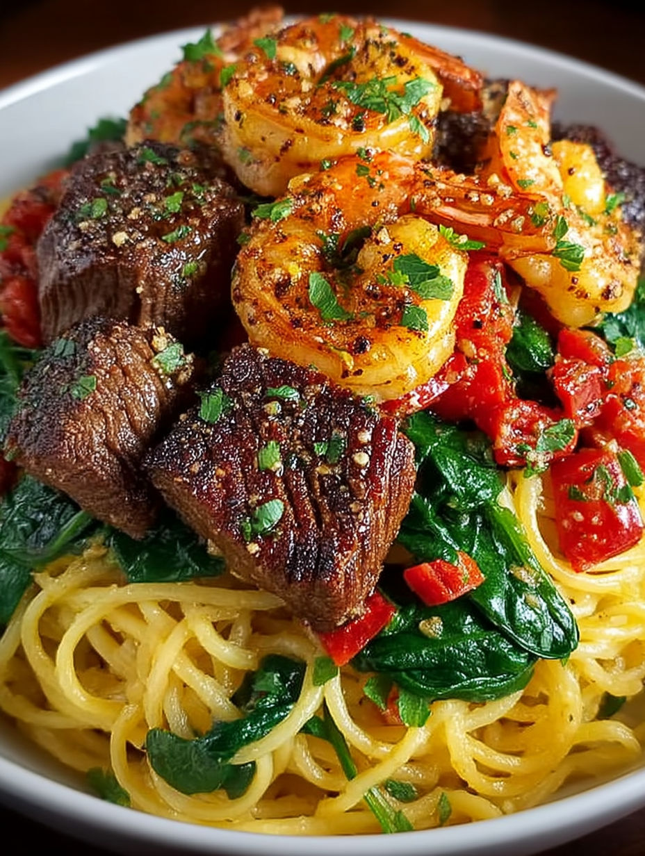A plate of food with shrimp, steak, and spinach.