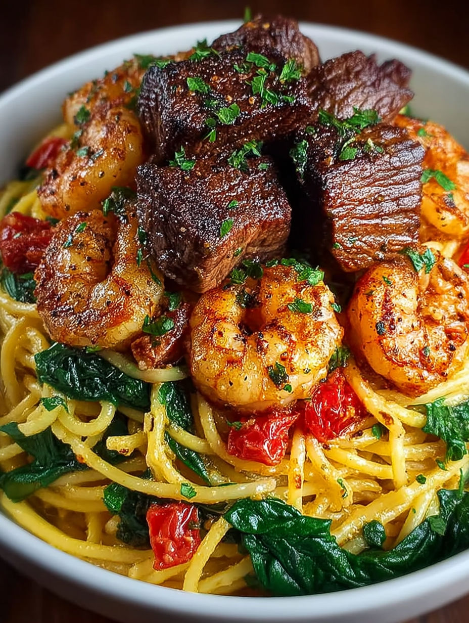 A bowl of garlic butter steak and shrimp.