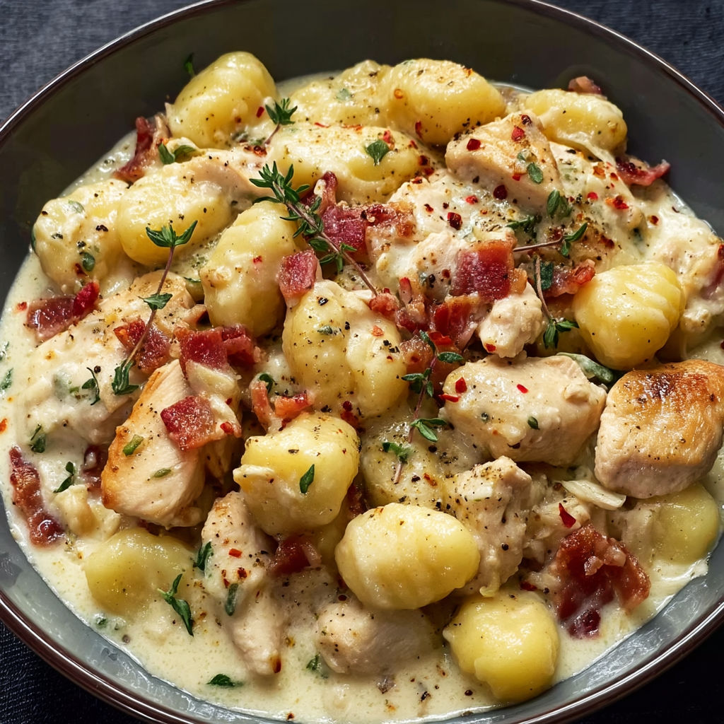 A bowl of creamy chicken gnocchi skillet.