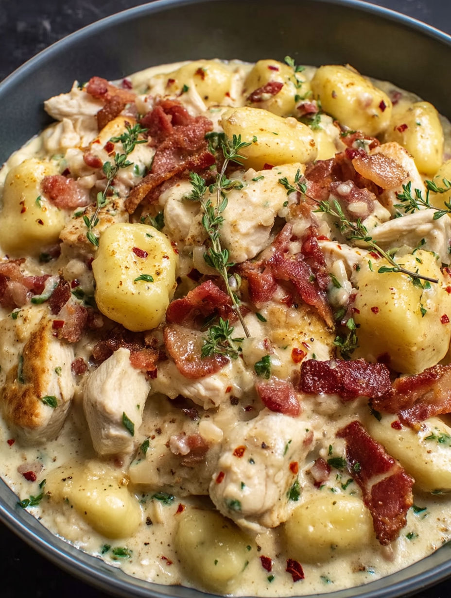 A bowl of food with chicken, potatoes, and bacon.