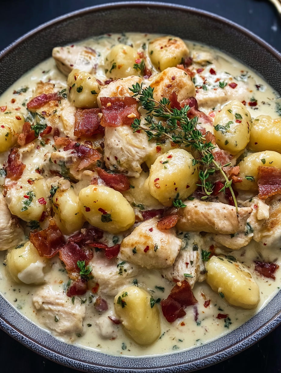 A bowl of food with chicken, potatoes, and bacon.