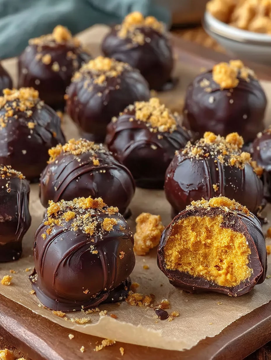 Pumpkin truffles on a table.