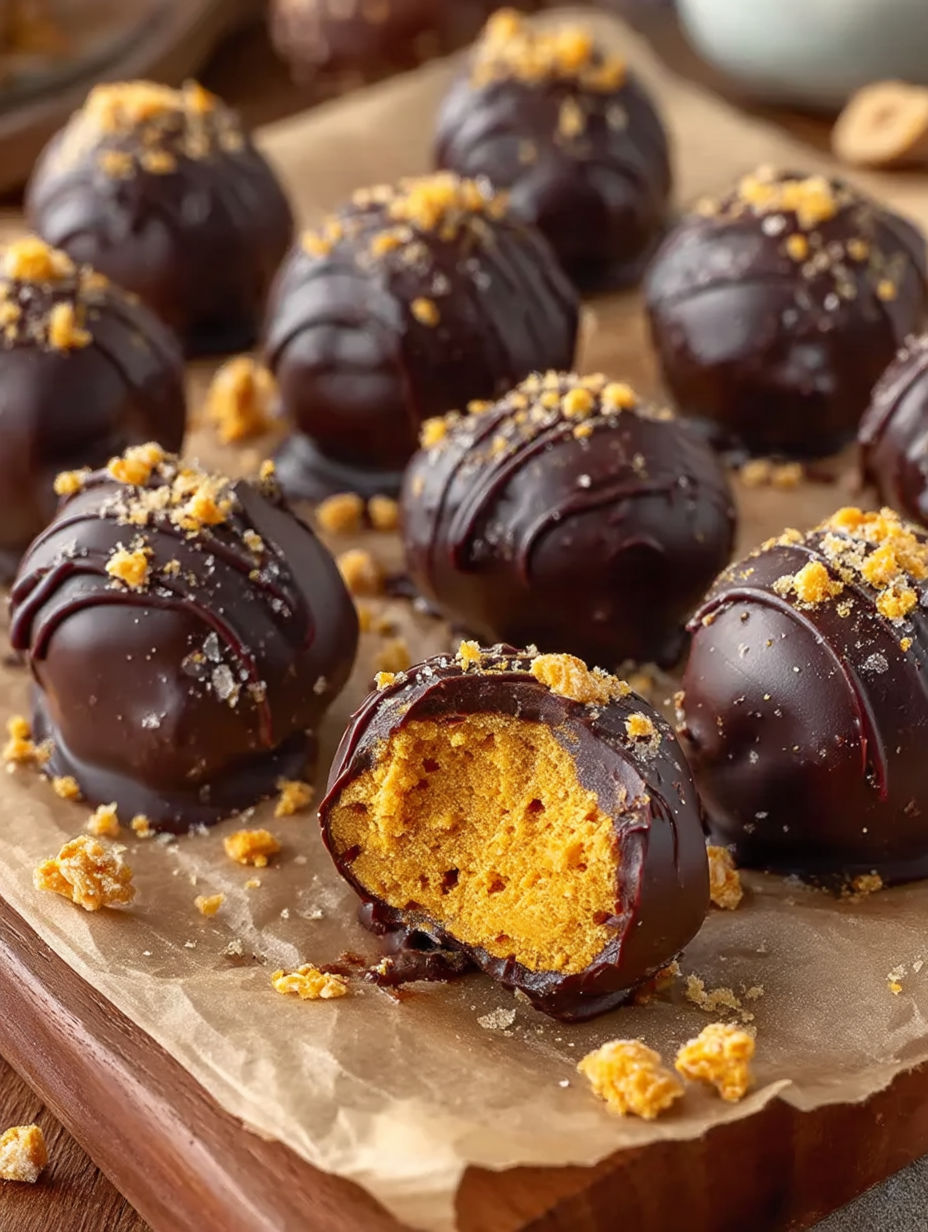 A plate of chocolate truffles with pumpkin seeds.