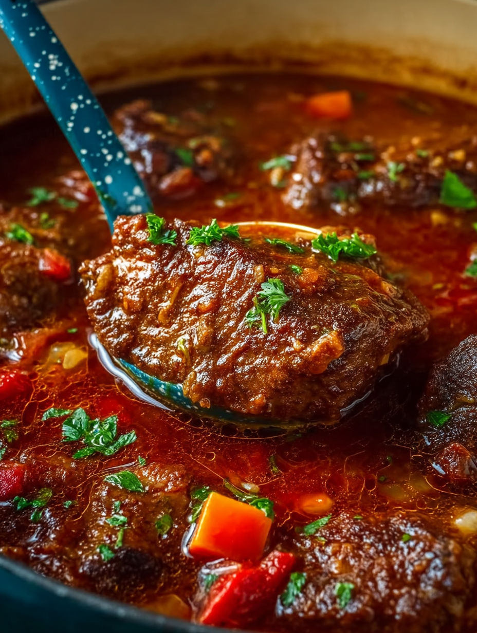 A spoon full of steak in a bowl.