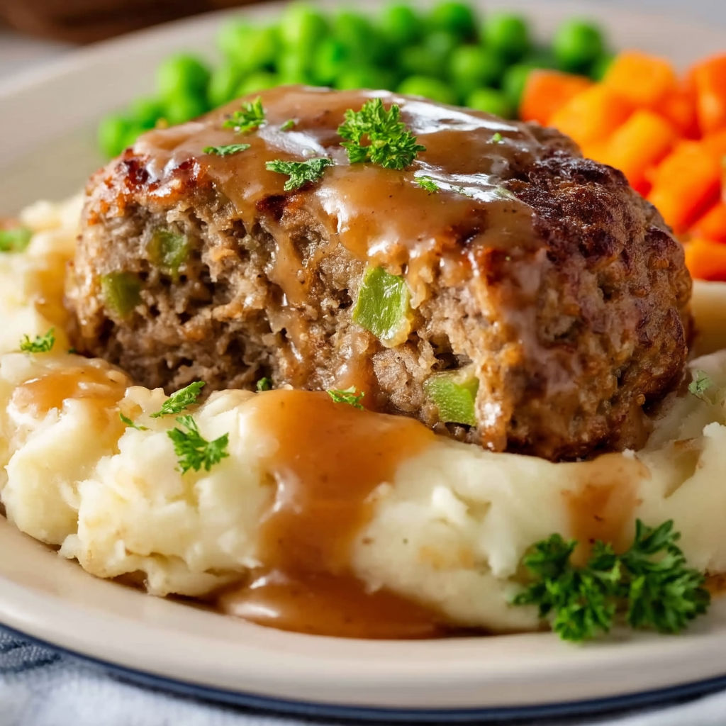 A plate of food with a hamburger steak and gravy.
