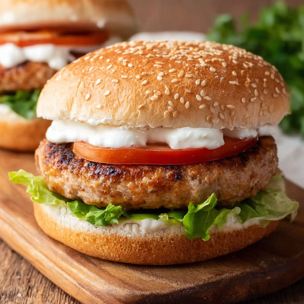 A chicken burger with tomatoes and lettuce.