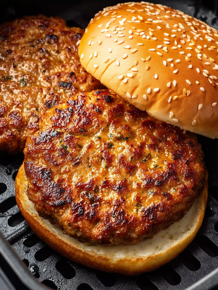 A chicken patty is being cooked in an air fryer.