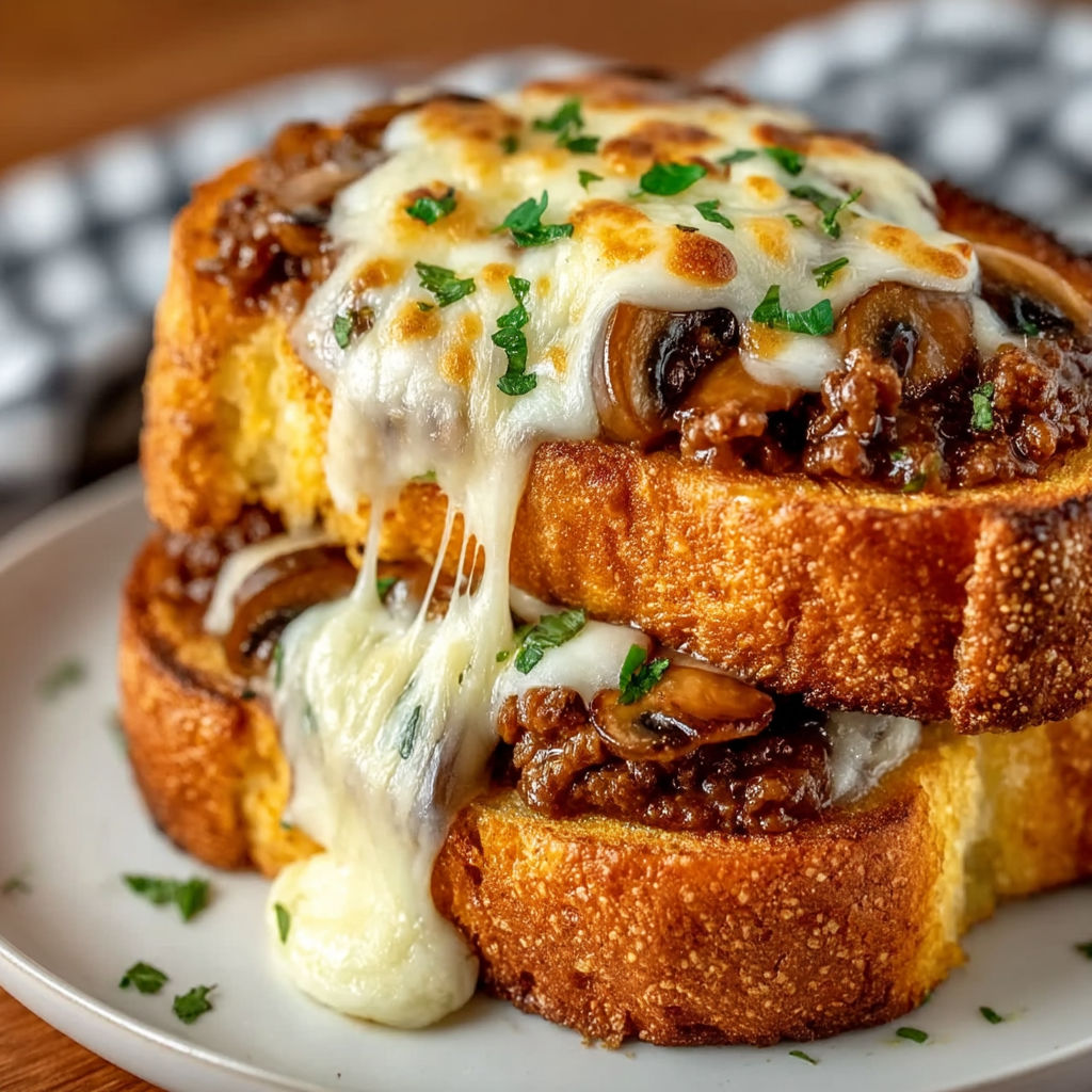 A plate of Texas toast with mushrooms and cheese.
