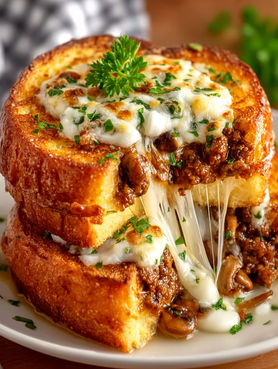 A slice of Texas toast with a salisbury steak filling.