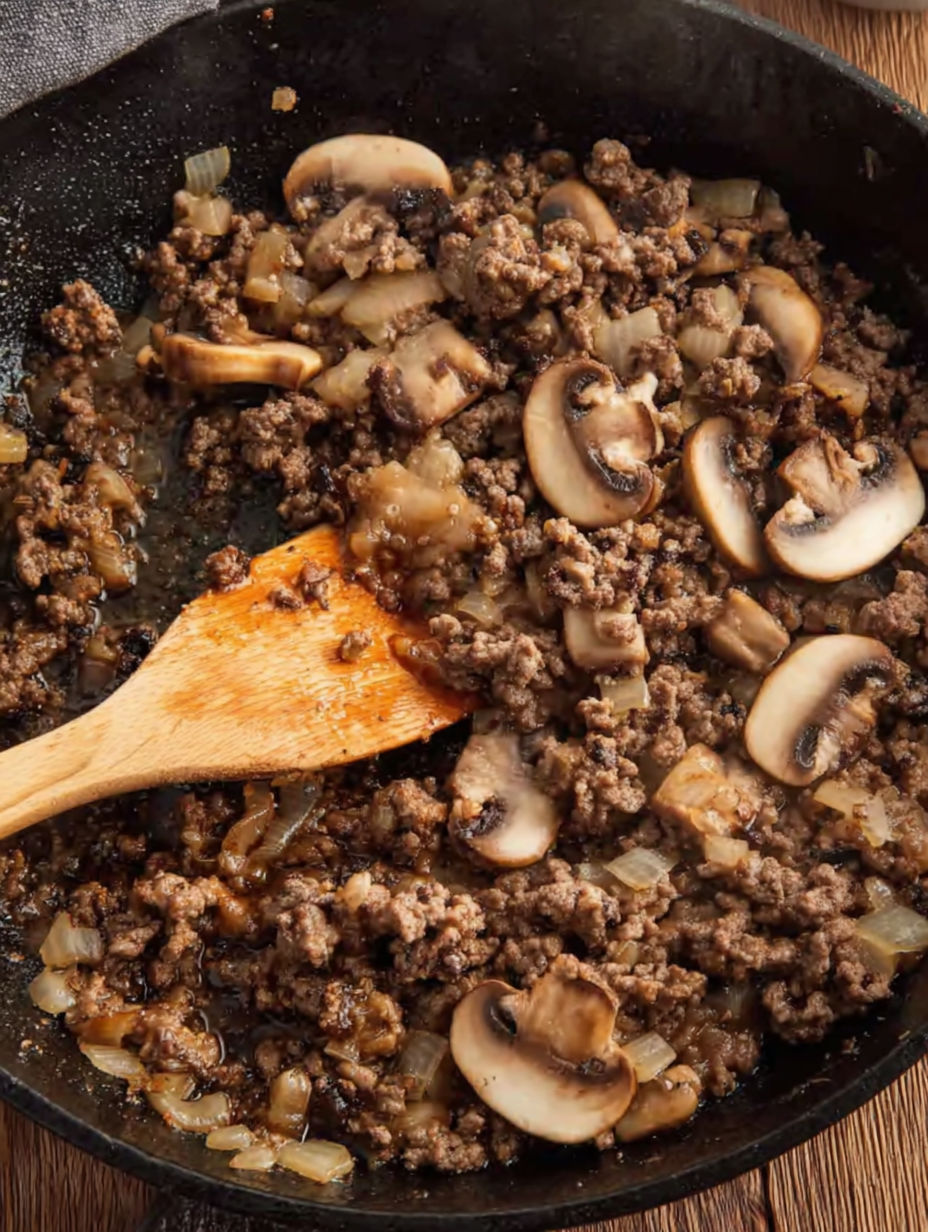 A pan of Salisbury steak with mushrooms and onions.
