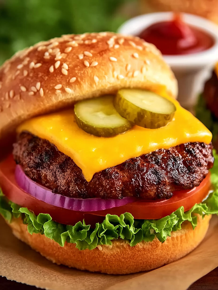 A hamburger with pickles and cheese.