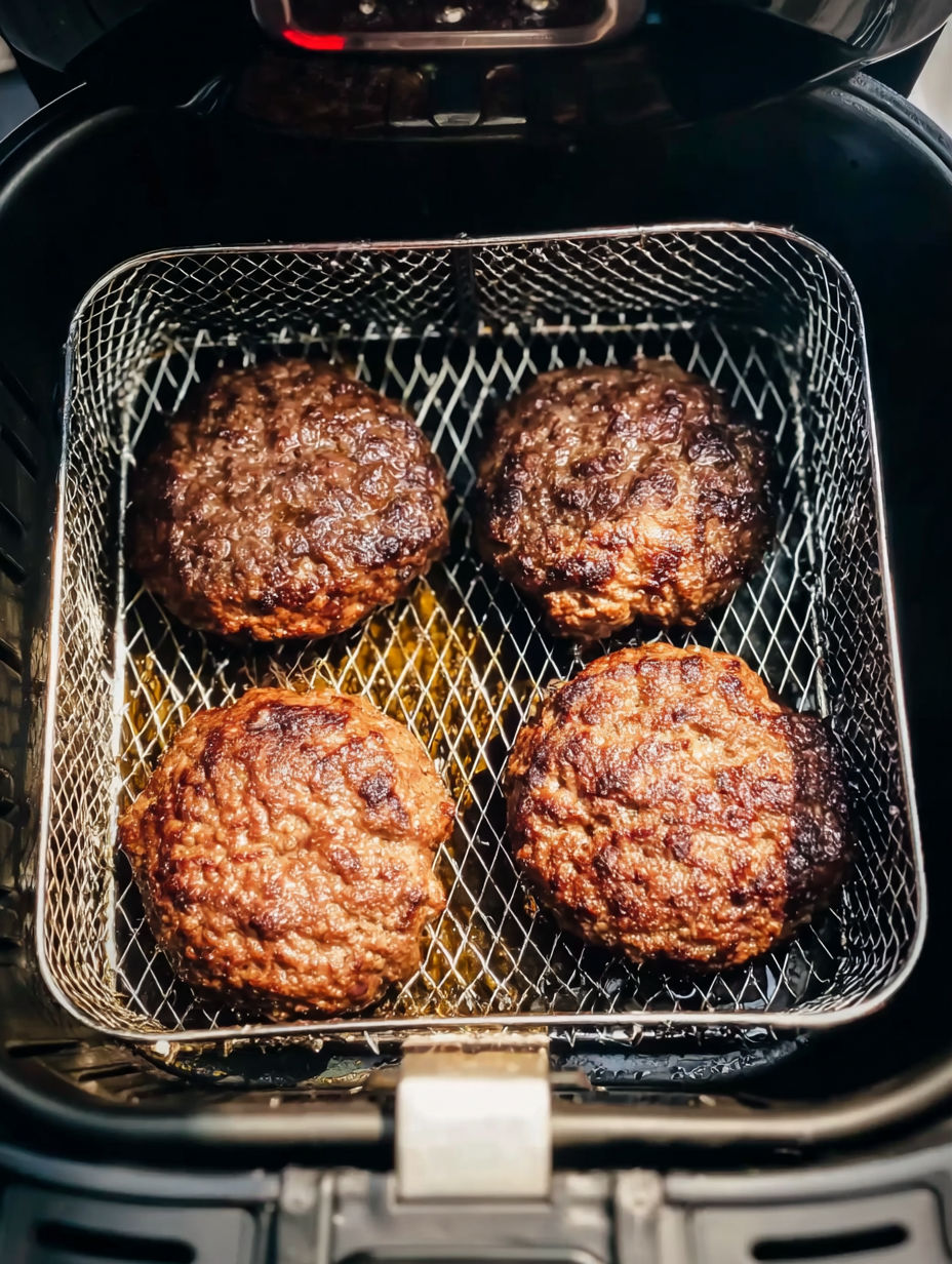 Four hamburgers cooking in an air fryer.