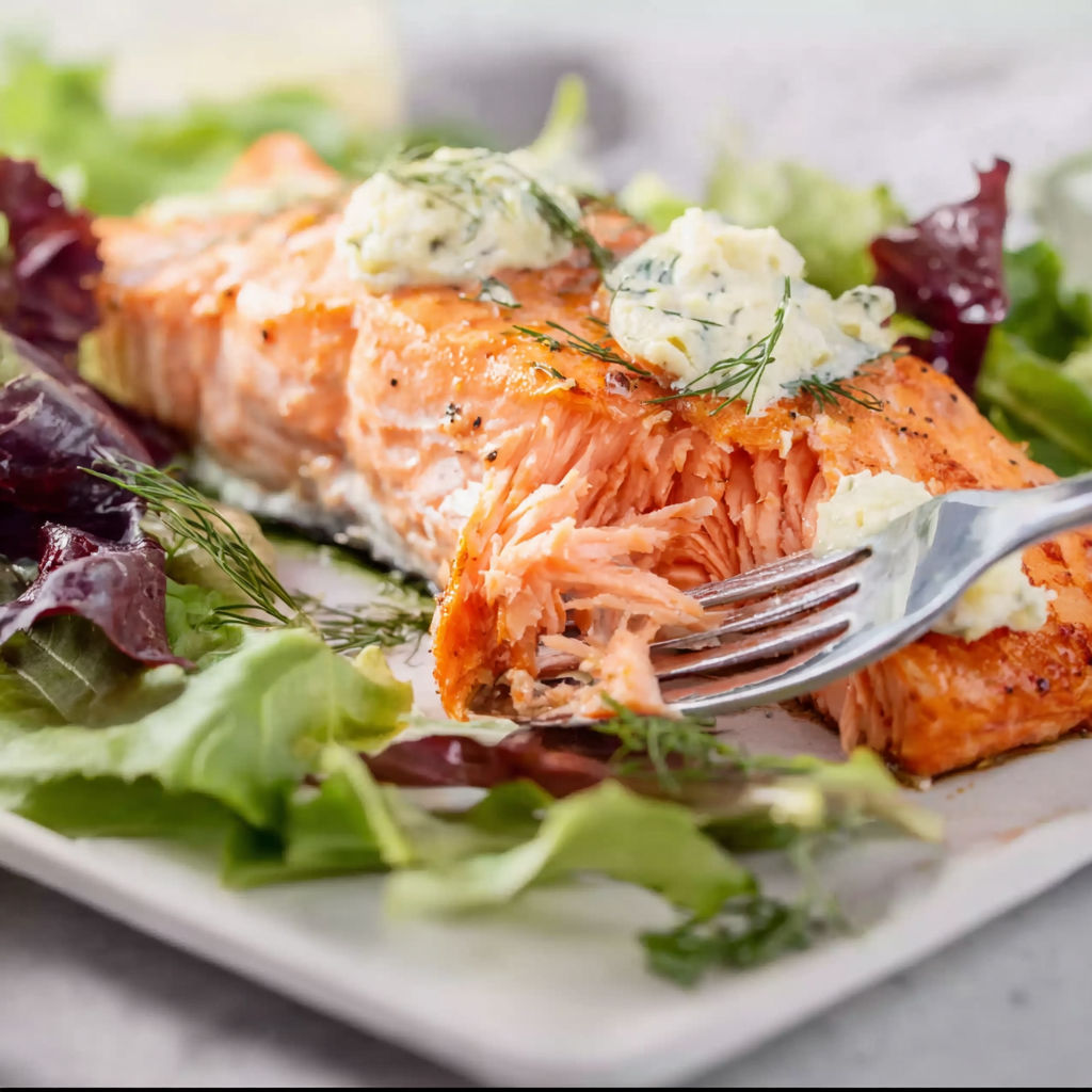 A salmon dish with a fork and a side of lettuce.