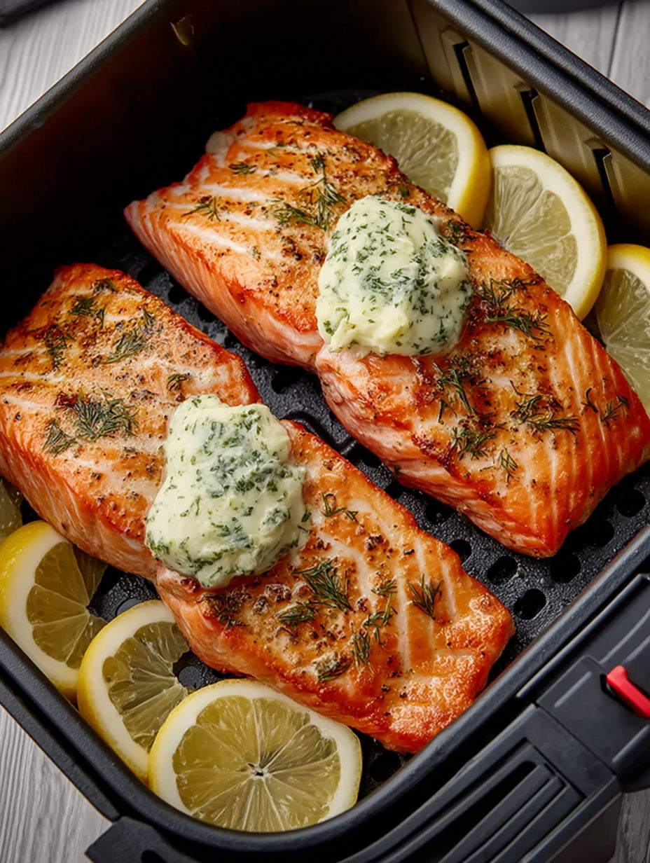 Two pieces of salmon with lemon wedges on top.