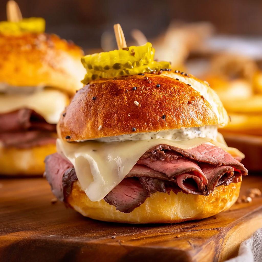 Two air fryer roast beef sandwiches with pickles on top.