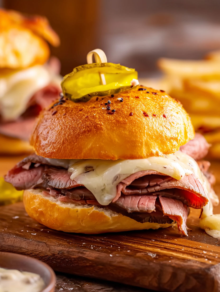 A roast beef sandwich with pickles on top.