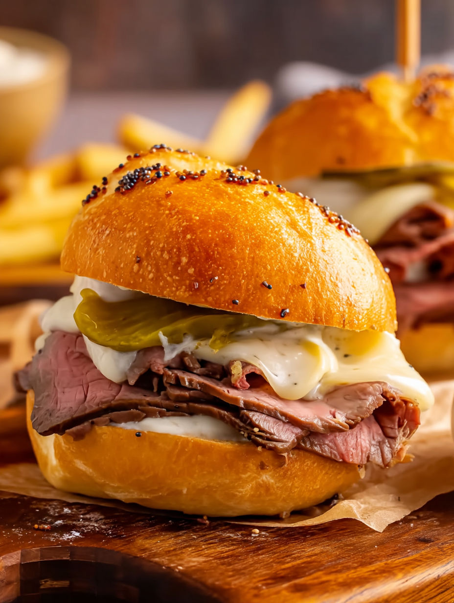 Two air fryer roast beef sandwiches with cheese and pickles.
