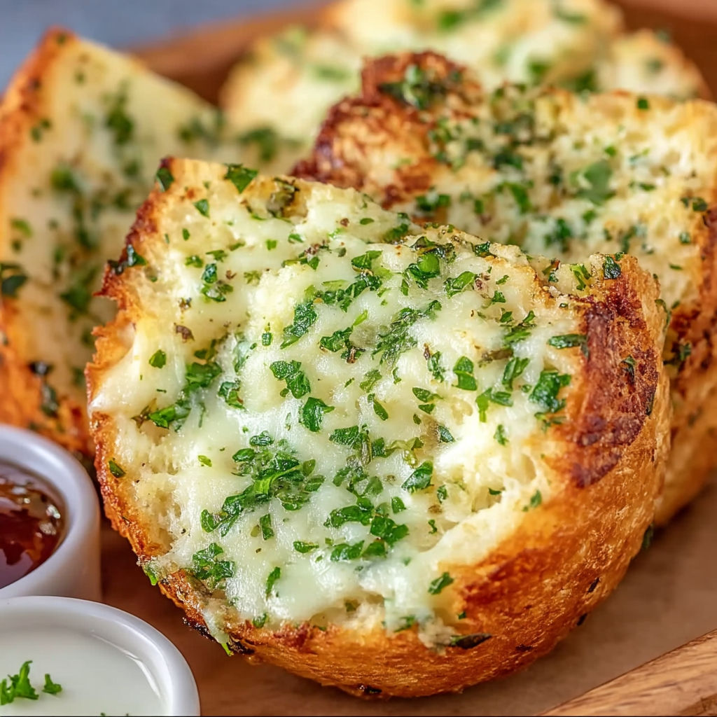 A slice of garlic cheese bread.