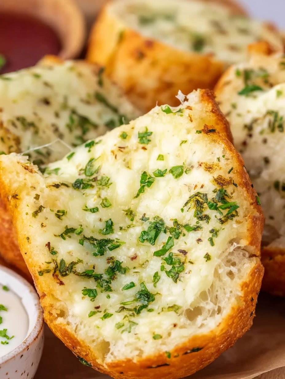 A slice of garlic cheese bread.