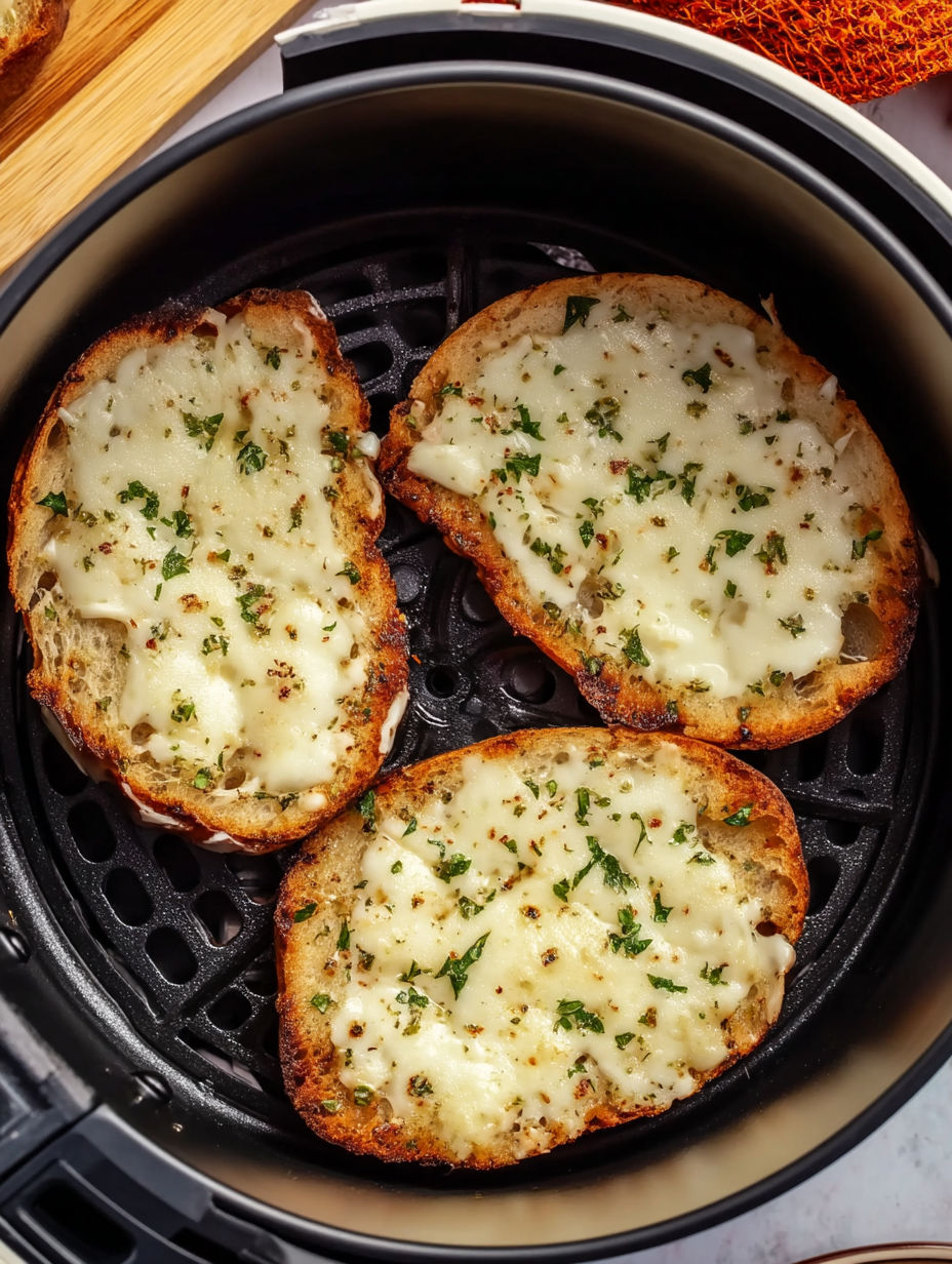 Two slices of garlic cheese bread in an air fryer.