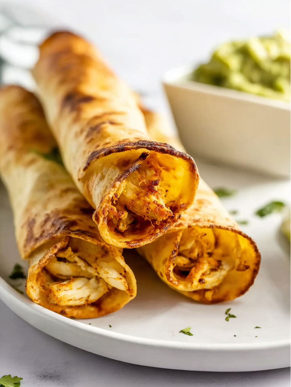 Baked chicken taquitos on a plate.
