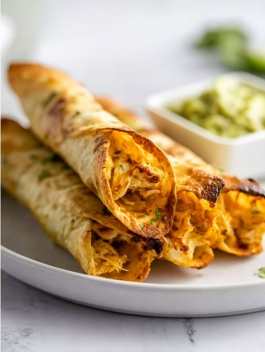 A plate of baked chicken taquitos.