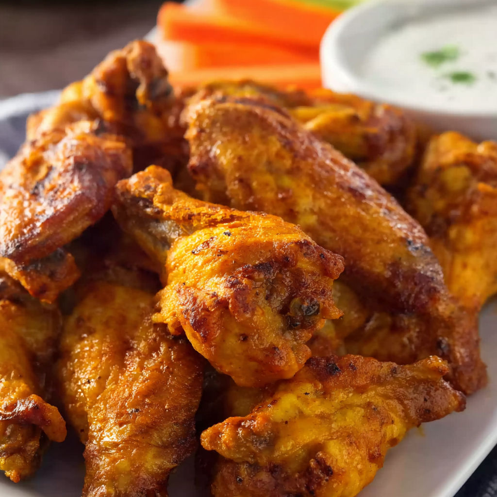A plate of chicken wings with a side of carrots.