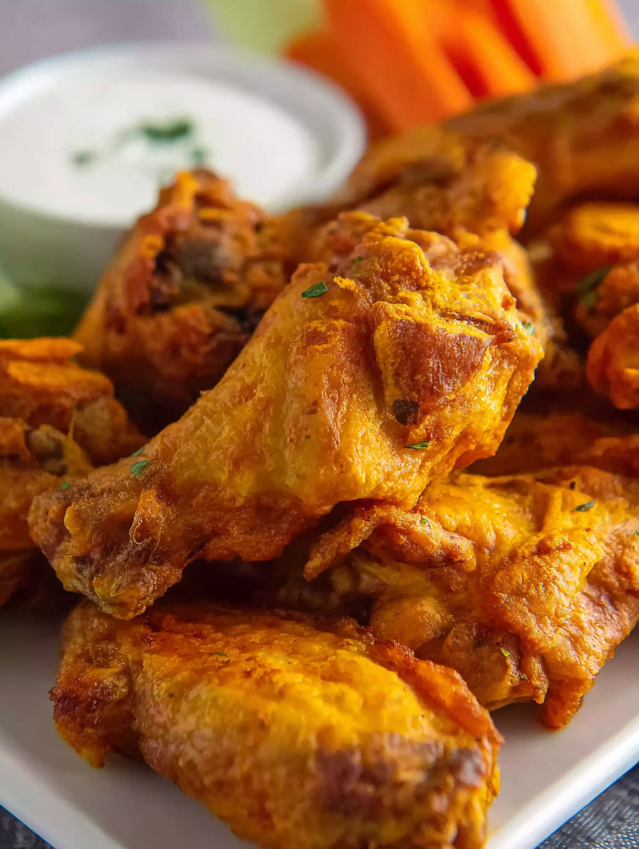 A plate of chicken wings with a side of ranch dressing.
