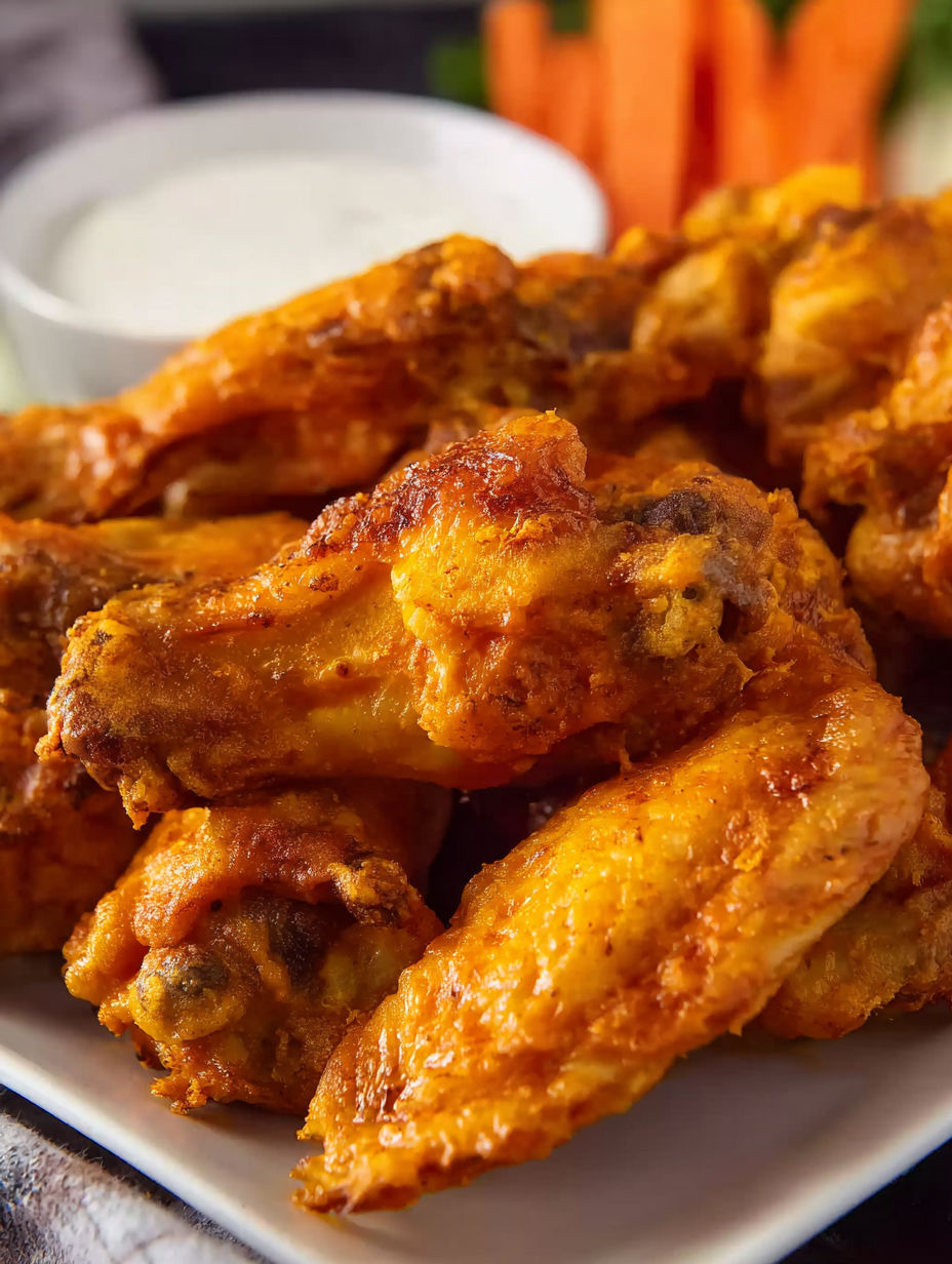 A plate of chicken wings with a dipping sauce.