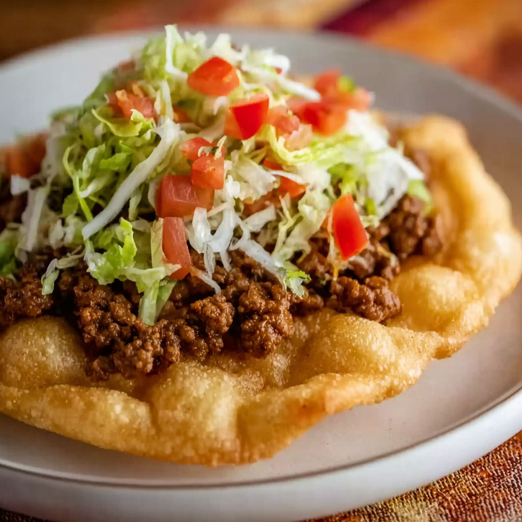 A plate of Navajo tacos with lettuce, tomatoes, and meat.