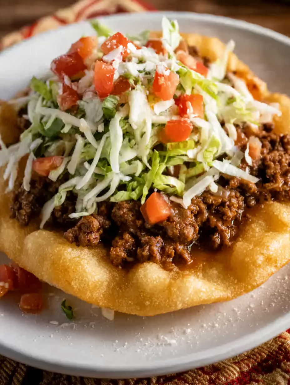 A plate of Navajo tacos with lettuce, tomatoes, and beef.