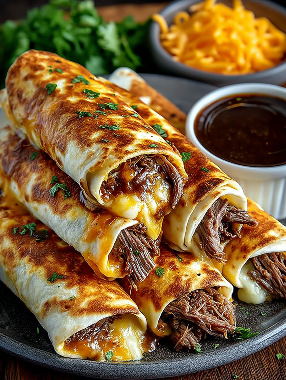 A plate of French dip tortilla roll ups.