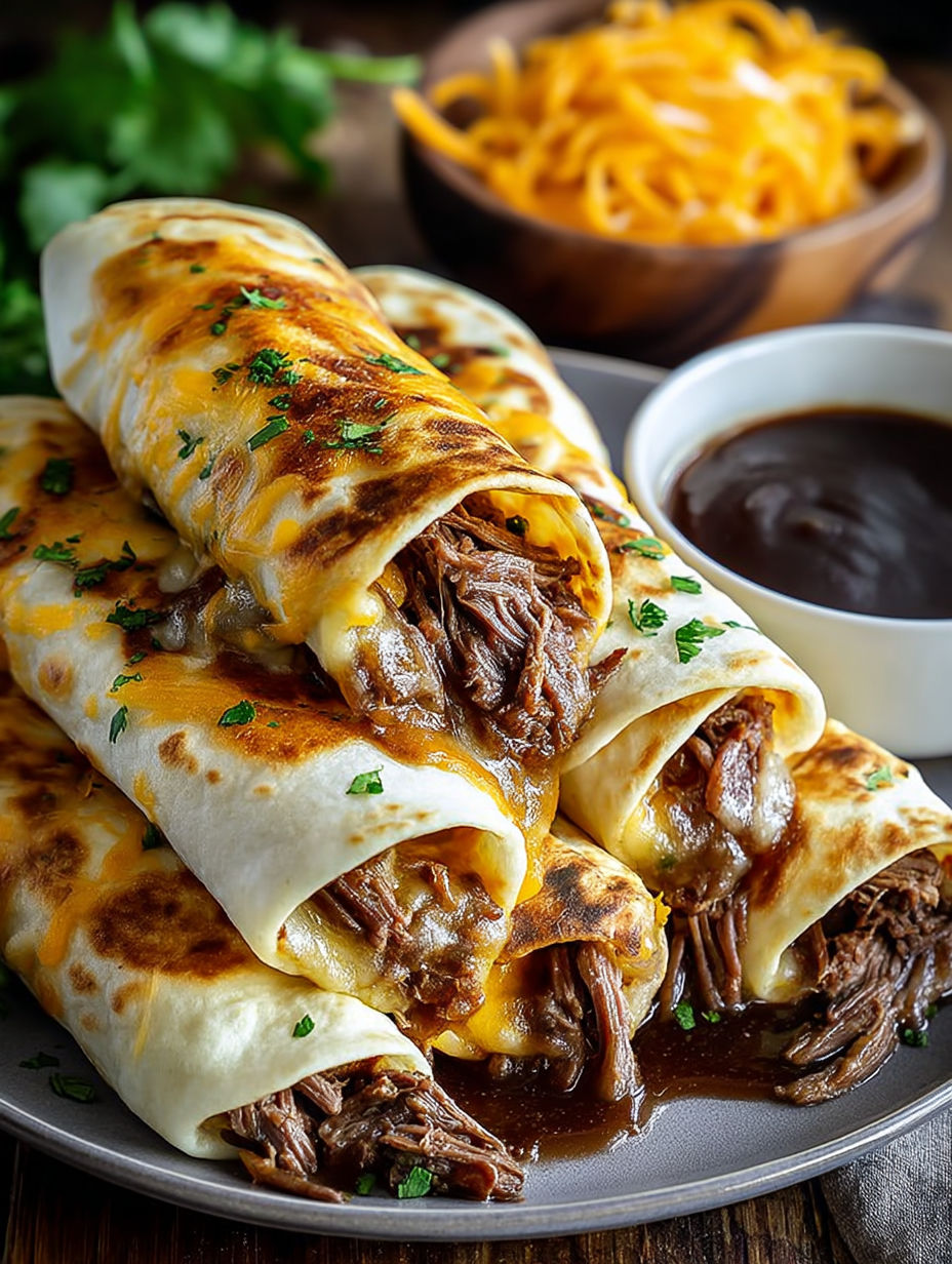 A plate of French dip tortilla roll ups.