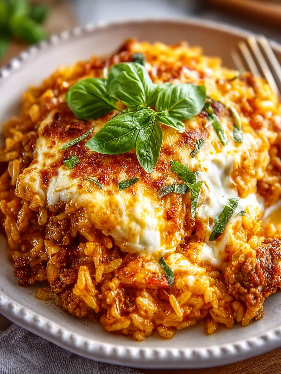 A plate of Italian rice casserole with cheese and spinach on top.