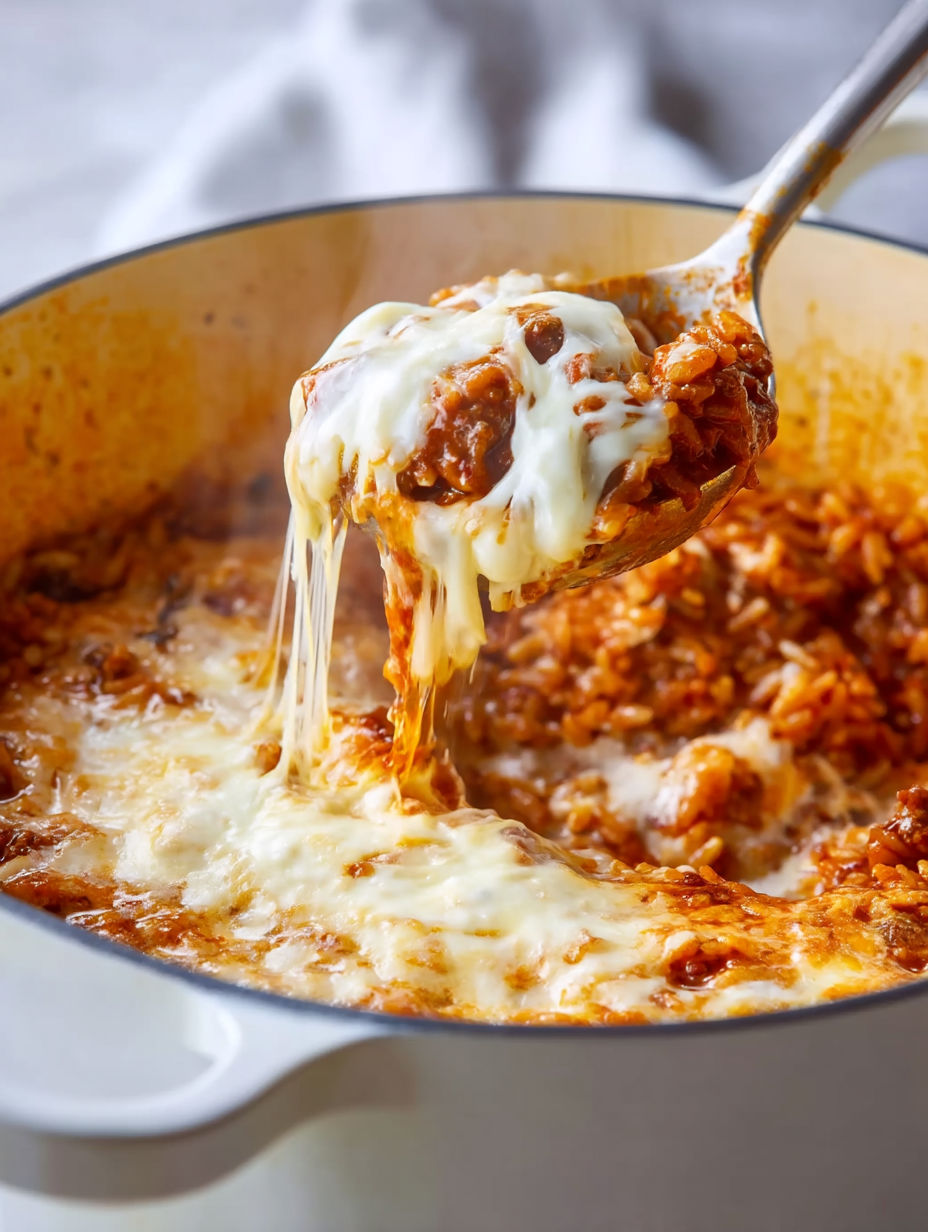 A spoon is in a bowl of Italian Rice Casserole.