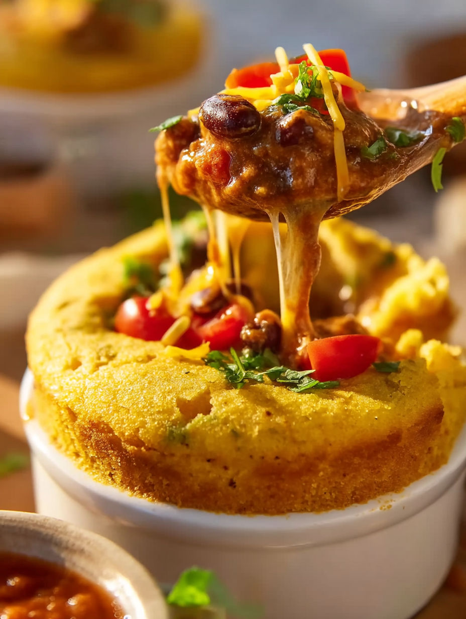 A spoon is in a bowl of cornbread chili pot pie.