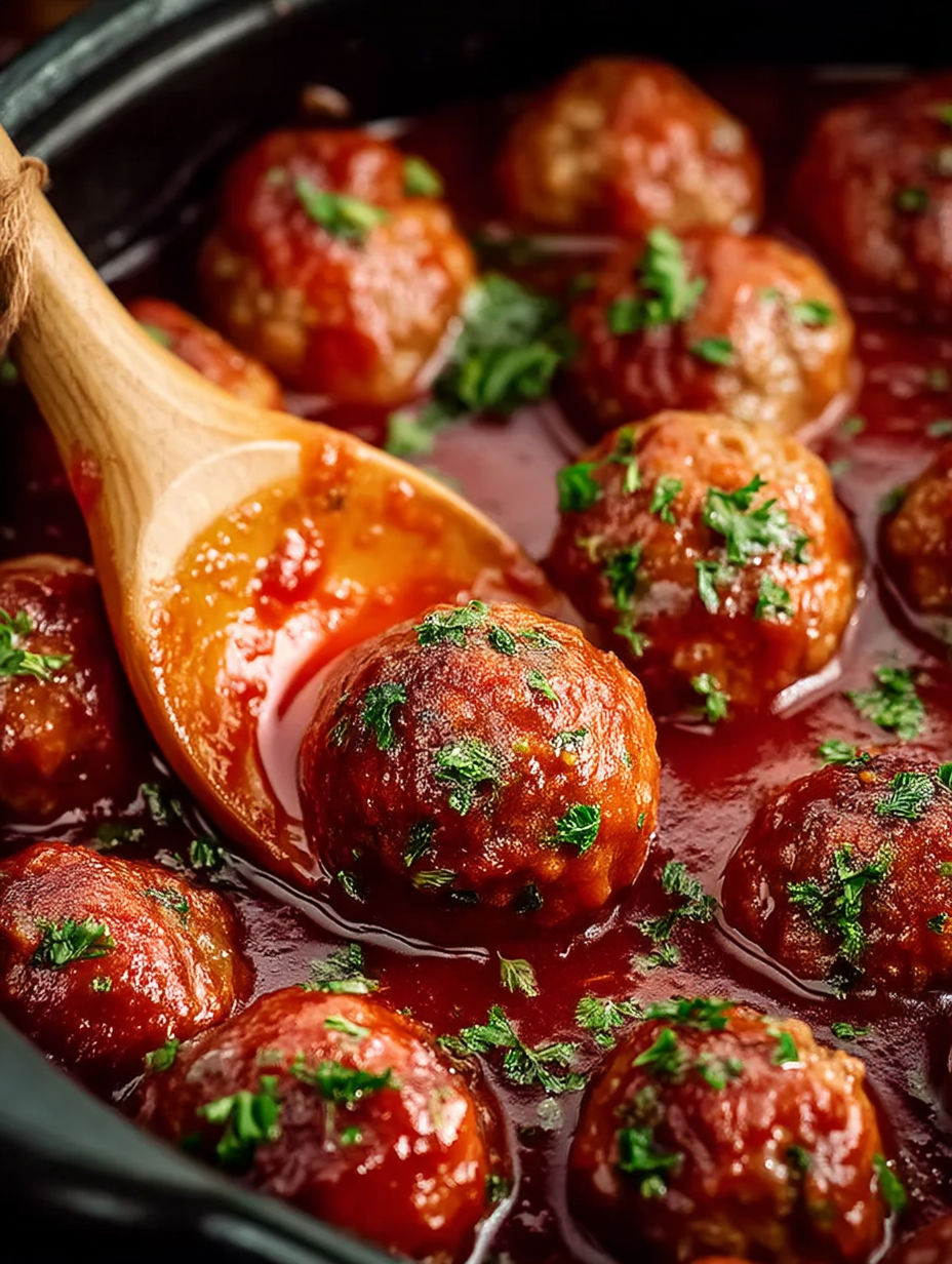 A crock pot filled with meatballs and sauce.