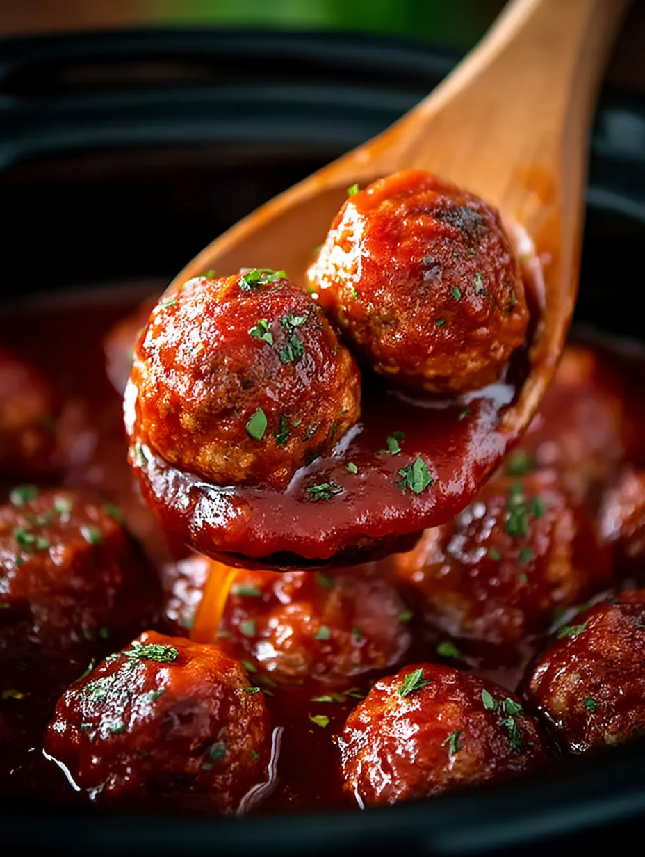 A wooden spoon is dipping into a crock pot of meatballs.
