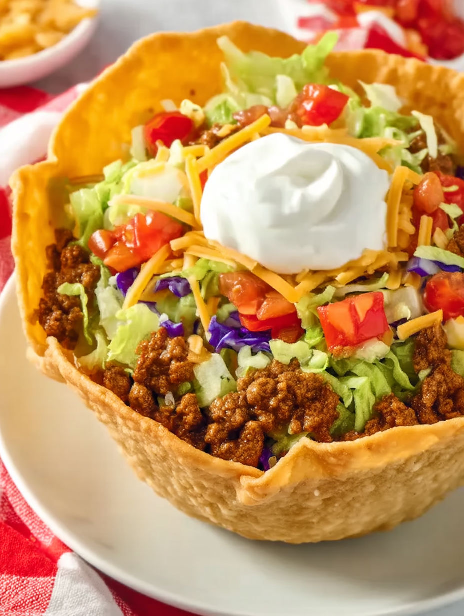 A Taco Bell Taco Salad with lettuce, tomatoes, cheese, and sour cream.