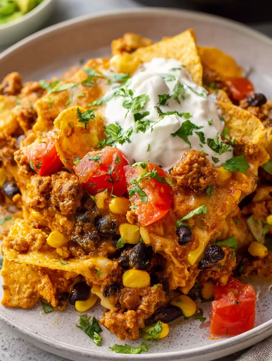 A delicious crock pot beef enchilada casserole.