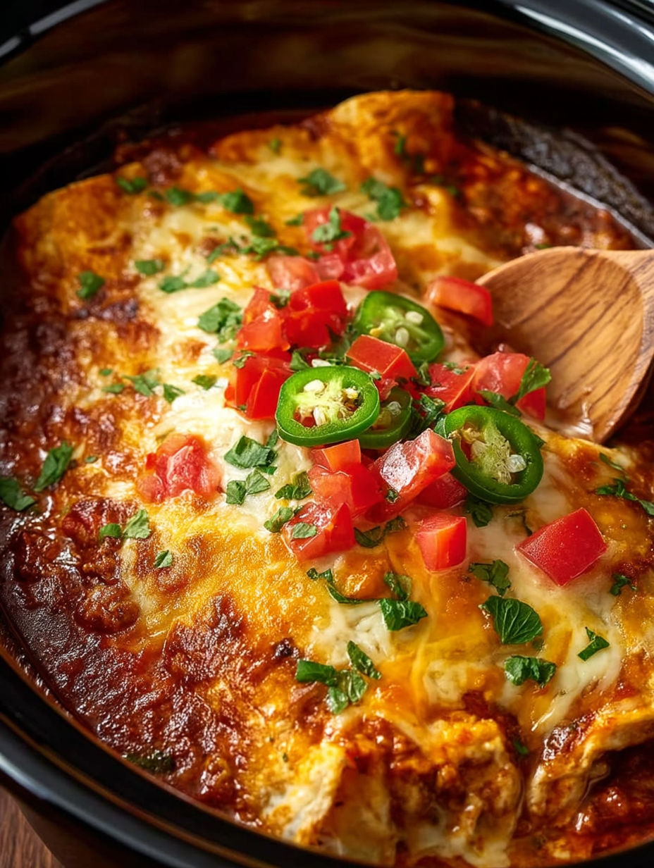 A close up of a delicious beef enchilada casserole.