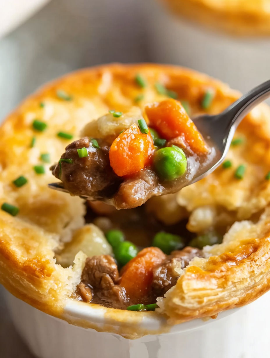 A fork is in a beef pot pie.