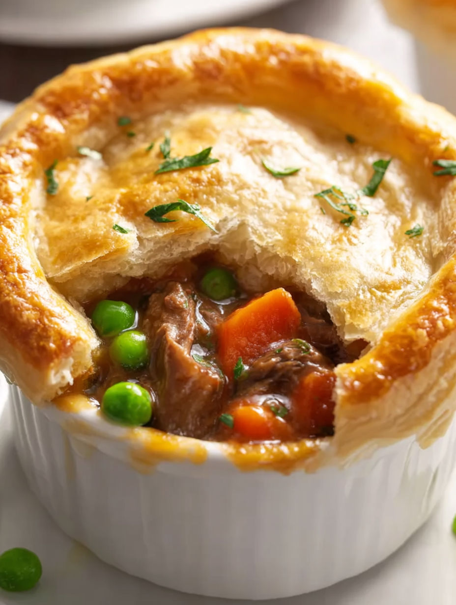 A beef pot pie with peas and carrots.