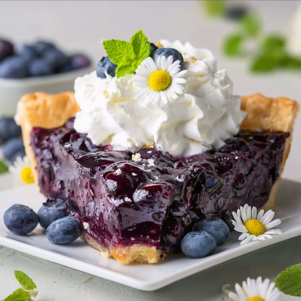 A slice of blueberry jell-o pie with whipped cream on top.
