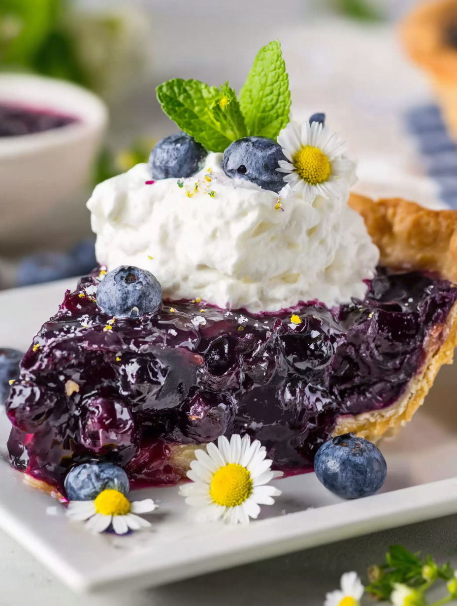 A slice of blueberry jell-o pie with whipped cream.