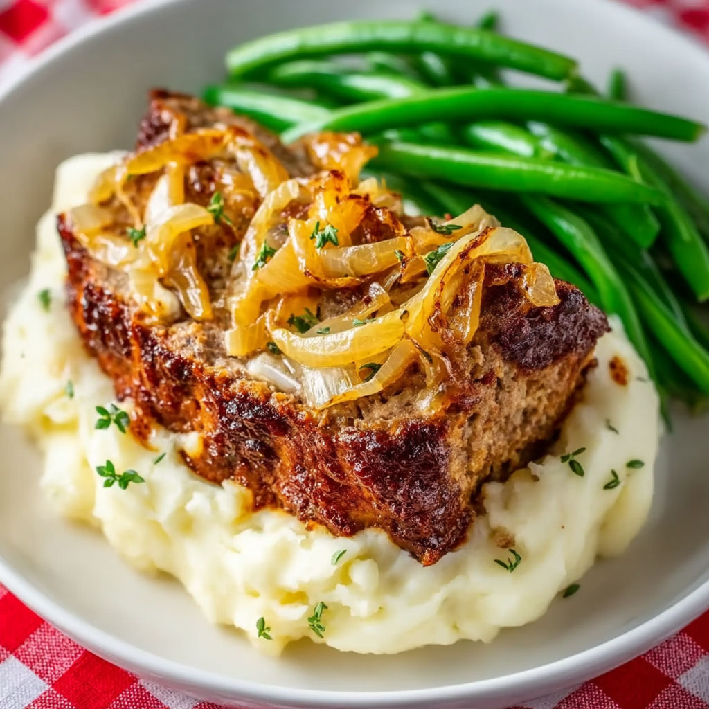 A plate of meatloaf with onions and green beans.
