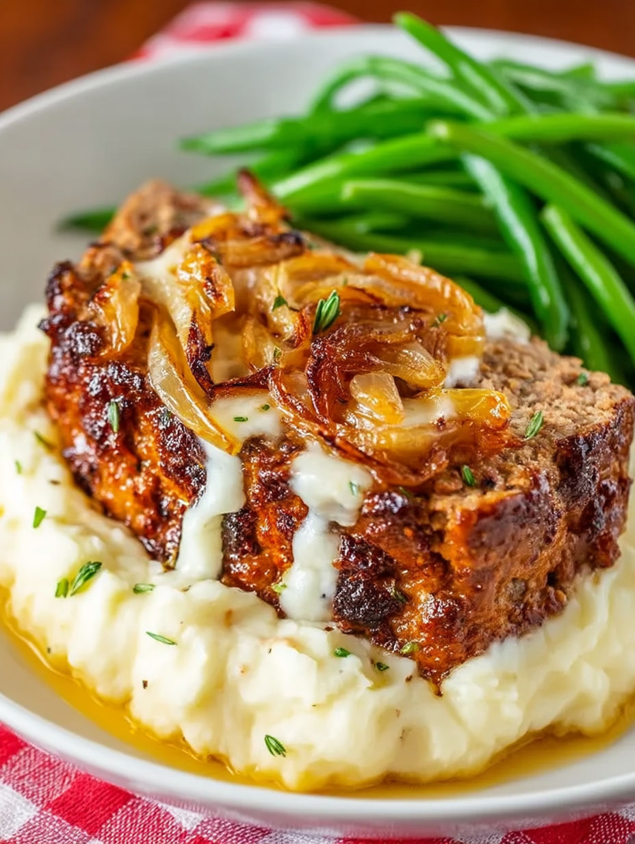 A plate of meatloaf with onions and mashed potatoes.
