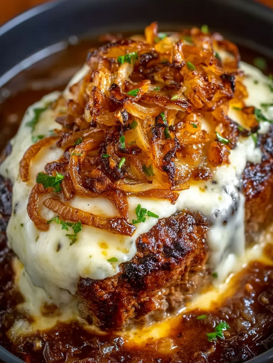 A close up of a delicious crock pot French onion meatloaf.