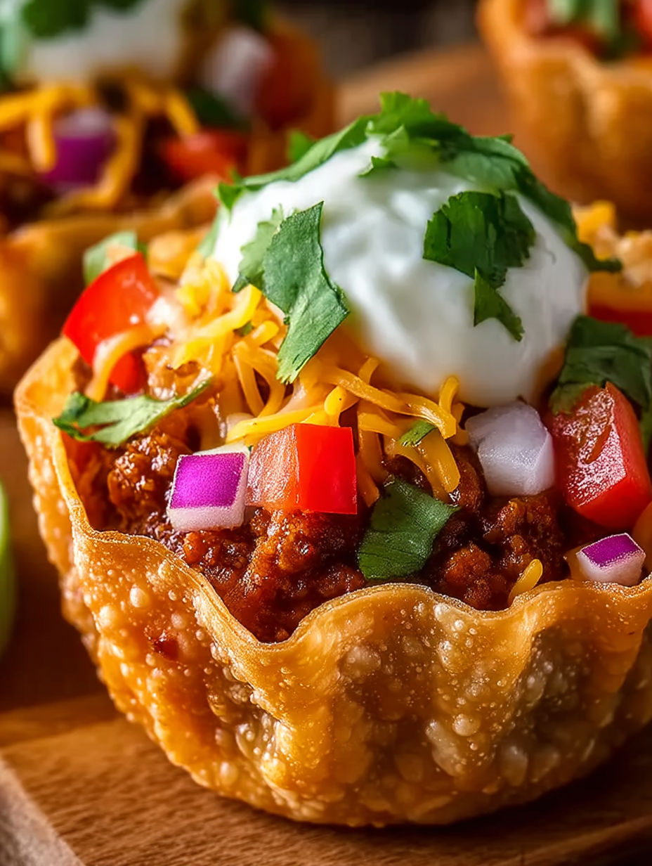 A taco cup filled with chili and cheese.